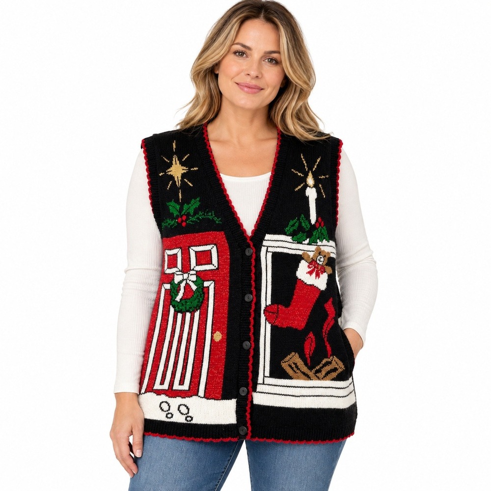 Holiday Time Sweater Vest Women Medium Black Christmas Intarsia Vintage USA